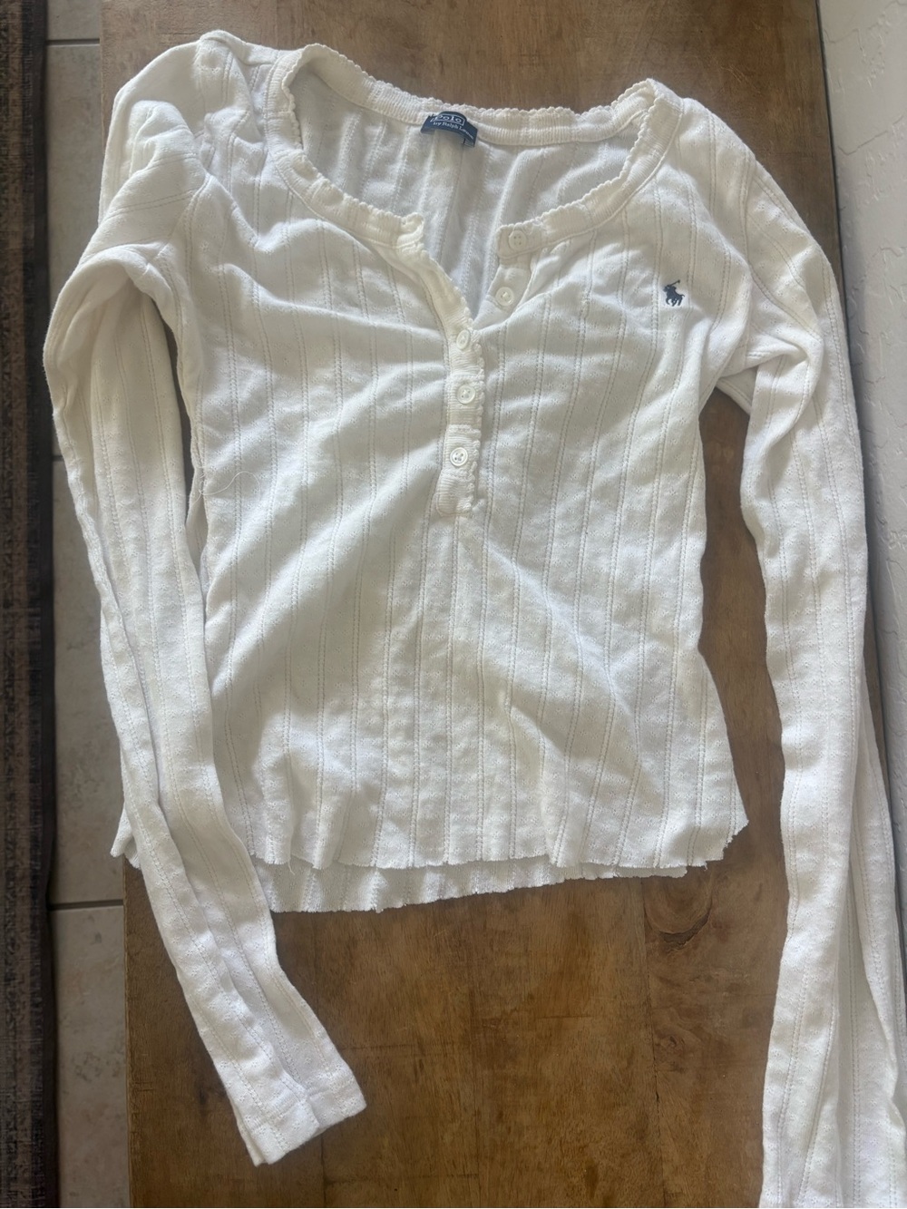 Ralph Lauren White Ribbed Cotton Henley Long Sleeve Top RAW END SEAM